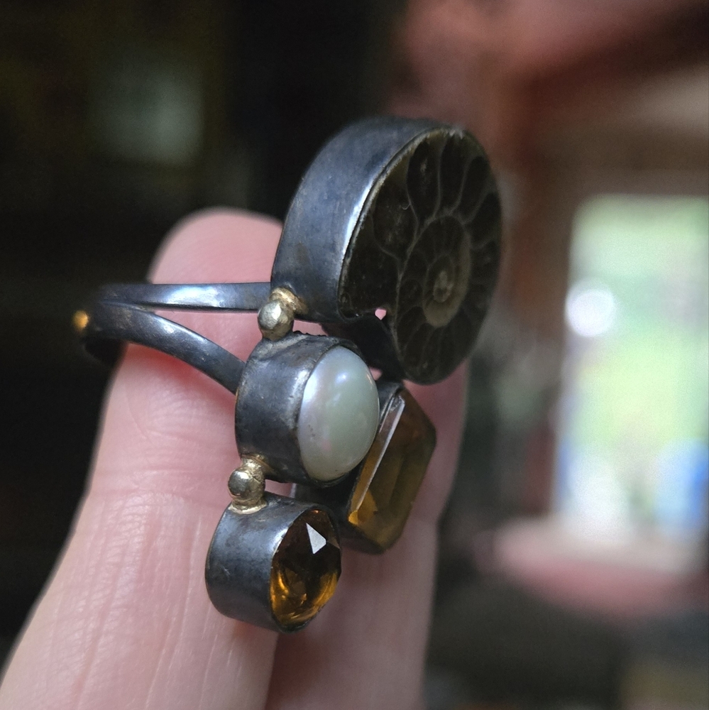 Ammonite Fossil pearl & citrine gemstone sterling & gold Ring sz8.5 - Picture 6 of 11